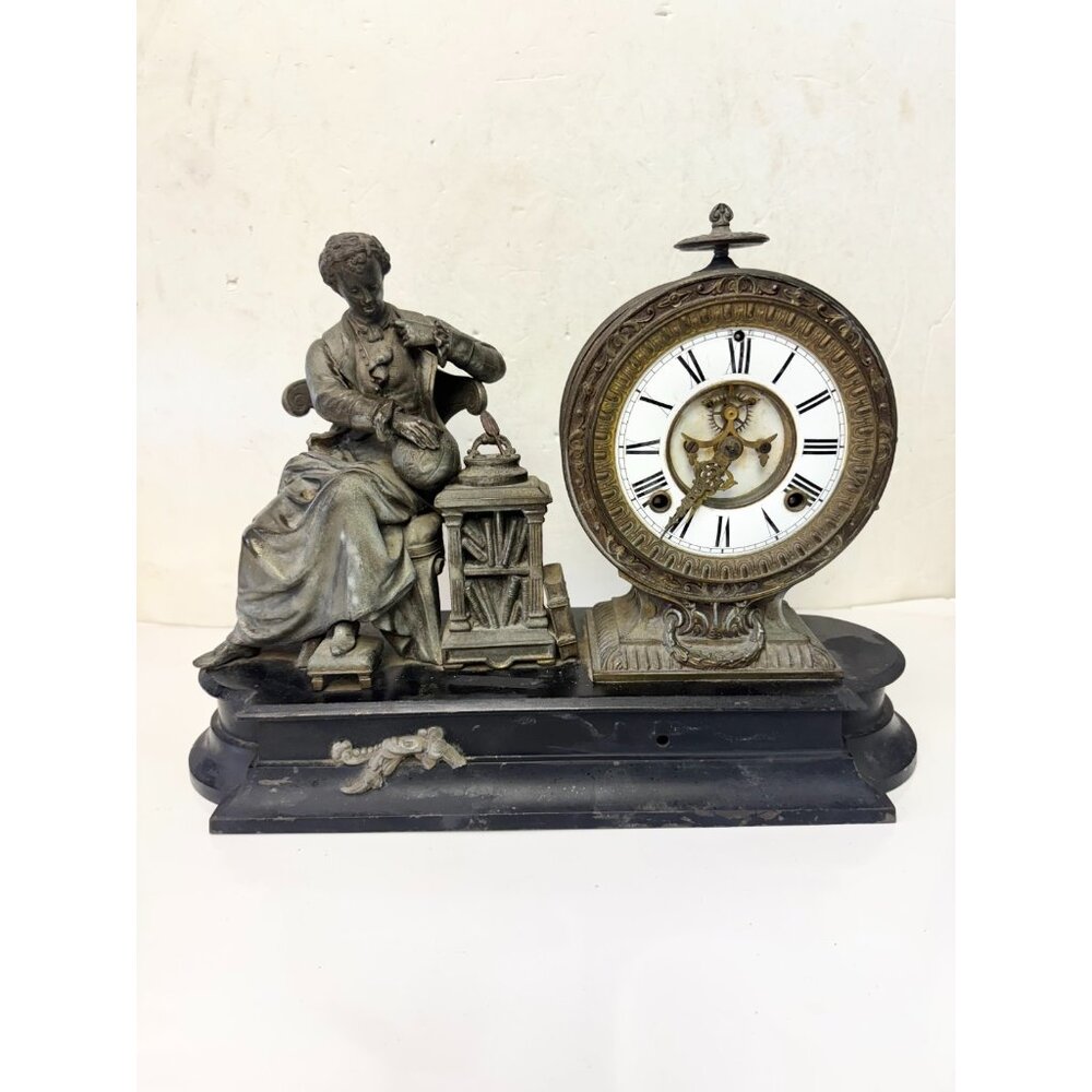 Antique Ansonia Clock Co Figural Mantle Clock Sir Issac Newton